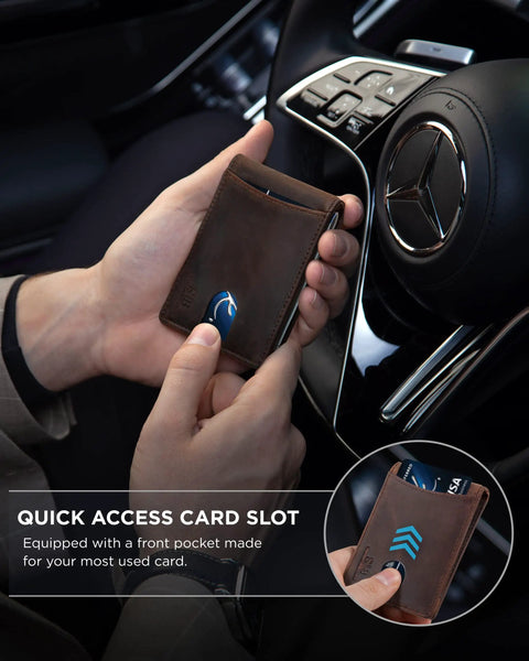 Hands holding RFID Blocking Slim Bifold Leather Wallet for Men With Front Pocket Money Clip Minimalist Design Durable Genuine Leather in Texas Brown Card Organizer for Everyday Carry showing card access.
