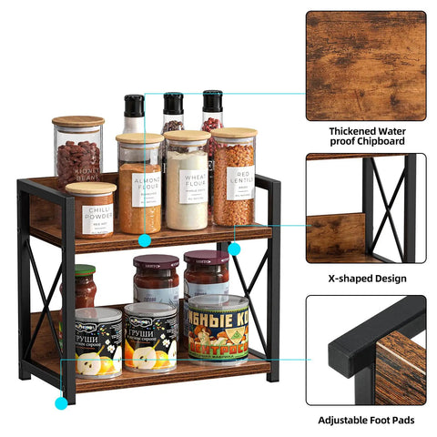 Two Tier Countertop Shelf Organizer For Kitchen Spice Rack And Jar Bottles Top Shelf Wood Counter Storage In Rich Brown showing jars and cans neatly arranged.