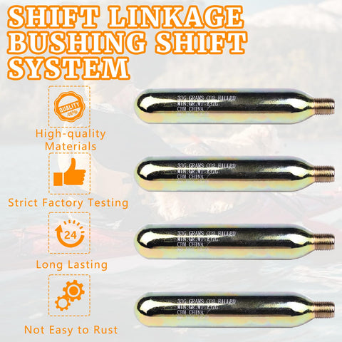 Four CO2 rearming cylinders for life jackets with 1/2-inch thread and 33 grams, shown in a row with features listed