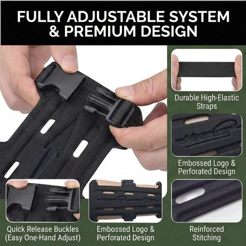 Ultra Breathable Archery Arm Guard with adjustable straps, buckle detail, and perforated design