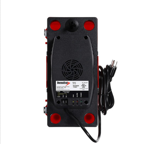 DiversiTech ULTRACP-22 condensate pump back view with 120V power cord and red inlet/outlet ports, 22 ft lift.