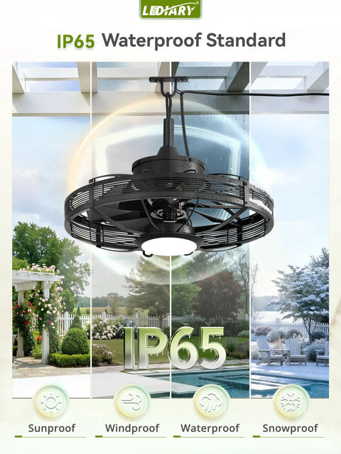 20 Inch Outdoor Ceiling Fan With Lights For Gazebos And Patios IP65 Waterproof Caged Ceiling Fan Displayed Outdoors
