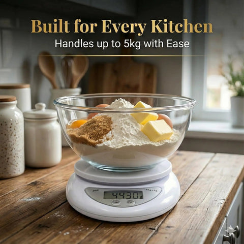 High Precision Digital Kitchen Scale For Cooking And Baking With 5 Kg 11 Lb Capacity Stainless Steel Platform in use with bowl