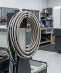 Rock Solid Stainless Steel Electrical Wire Conduit Flexible Corrugated Cable Sleeve Cover on a reel in a workshop.