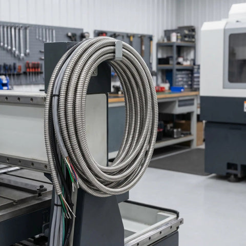 Rock Solid Stainless Steel Electrical Wire Conduit Flexible Corrugated Cable Sleeve Cover on a reel in a workshop.
