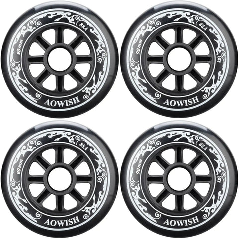 90 Millimeter Inline Skate Wheels For Speed Skating, 88A Outdoor Replacement Wheels, Set Of Four, Grippy Long Lasting Black Wheels