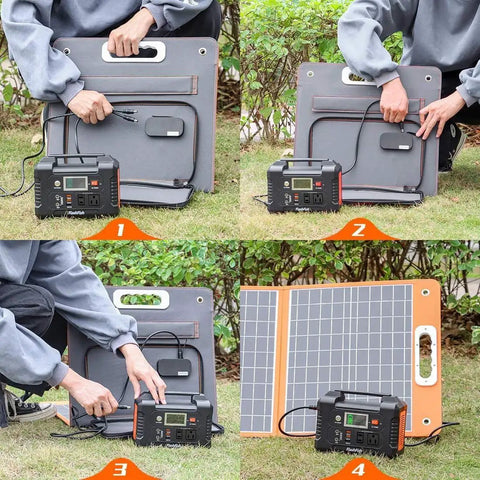 Grab And Go Solar Generator Bundle With Portable Power Station and Included Solar Panel connecting for charging in garden.