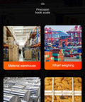 Digital Crane Scale With 3300 Lbs Capacity Heavy Duty Weighing Tool in material warehouse, wharf, steel industry, and grain storage.