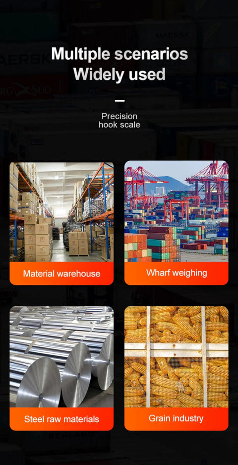 Digital Crane Scale With 3300 Lbs Capacity Heavy Duty Weighing Tool in material warehouse, wharf, steel industry, and grain storage.