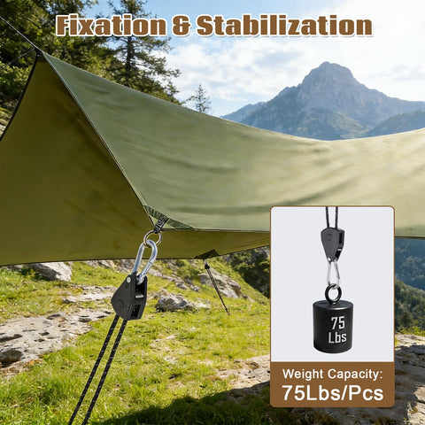 One Eighth Inch Adjustable Rope Hanger Kit With Four 12 Foot Reflective Tie Down Ropes Ratchet Straps for tarp setup