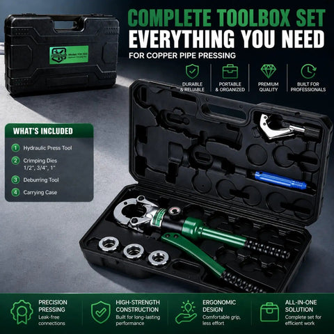 Pro Grade Copper Crimping Tool Kit For Pros And D I Y Guys With One Half Inch Three Quarter Inch And One Inch Jaws Hydraulic Copper Pipe Crimp Tool Kit With Pipe Cutter And Carrying Case For Plumbing HVAC And Industrial Piping, open case