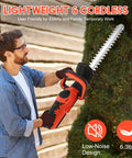 Man using 22 Inch Cordless Hedge Trimmer With Double-Action Blade, 24V Battery-Powered Yard Pruner on shrubs in garden