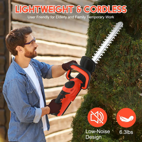 Man using 22 Inch Cordless Hedge Trimmer With Double-Action Blade, 24V Battery-Powered Yard Pruner on shrubs in garden