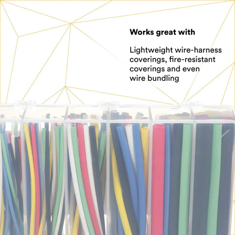 Heat Shrink Tubing Assortment Kit FP-301 with 133 color tubes in clear box, ideal for wire harnesses and insulation.