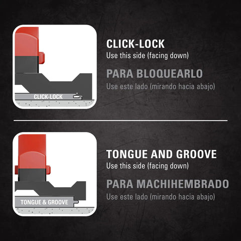 Diagram of 10 Inch Double Tap Plastic Tapping Block For Your Floor Install Dual Sided Red And Black Edges For Tongue And Groove and Click Lock Floors Durable 0.75 X 3.5 X 10 Inches showing sides for Click-Lock and Tongue and Groove flooring installation.