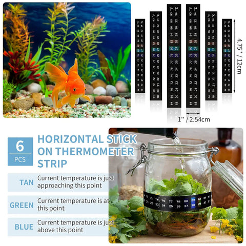 Six Pack Horizontal Stick On Thermometer Strips With Dope Digital Temperature Display For Fermenting Brewing Wine Beer Kombucha And Aquariums 64-93 F (18-34 C) Adhesive Sticker Easy To Paste For Fresh Or Ferment Use. 6pcs, 4.75in x 1in aquarium and jar strips