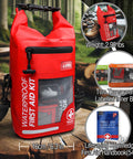 Front view of a red waterproof first aid kit bag with roll-top closure and clear front pocket.