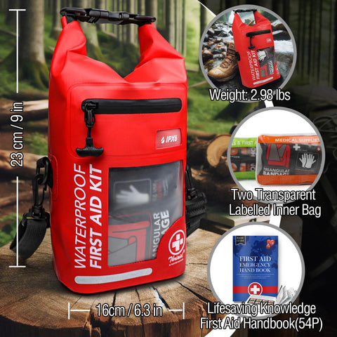 Front view of a red waterproof first aid kit bag with roll-top closure and clear front pocket.