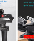 Do It All Clamp On Vise For Bench Or Table Use With Quick Adjustment And 360 Degree Rotation 3.3 Inch Jaw Black shown in quick release and clamping positions