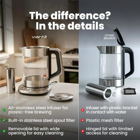 Electric Tea Kettle With Infuser For Loose Leaf Tea No Plastic Touching Water Temperature Control Automatic Shut Off 1.5L Borosilicate Glass Hot Tea Maker comparison highlighting stainless steel infuser and removable lid features.