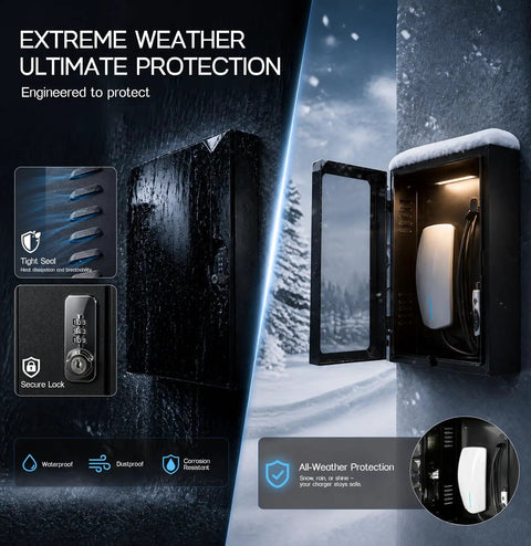 Wall Mounted EV Charger Protection Box Drip Proof Charging Case showing weatherproof design, secure lock, and interior charging plug.
