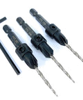 Pro Grade Carbon Steel Countersink Drill Bit Set For Precision Woodworking Includes Three 45 Degree Tapered 7/64 Inch Bits Plus One Allen Key, detail view.