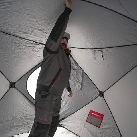 Inside view of Heavy Duty Pop Up Insulated Ice Fishing Shelter With Knockout Spacious Fishin Spot For Five To Seven Crews.