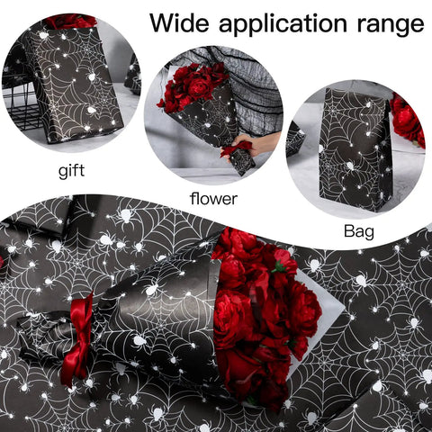 Spooky Spider Web Floral Wrapping Paper 18x18 Inches Black White Bouquet Wrap for Halloween Gifts Birthday Florist Supplies Kraft Style Wrap