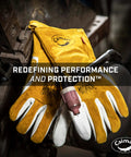 Workhorse Goat Grain Welding Gloves For TIG And Multi Tasking With Split Cowhide Back Four Inch Extended Cuff White And Gold Large Kontour Design For A Better Fit Rugged Grip All Day Comfort And Wrist Support displayed with welding tool