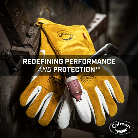 Workhorse Goat Grain Welding Gloves For TIG And Multi Tasking With Split Cowhide Back Four Inch Extended Cuff White And Gold Large Kontour Design For A Better Fit Rugged Grip All Day Comfort And Wrist Support displayed with welding tool