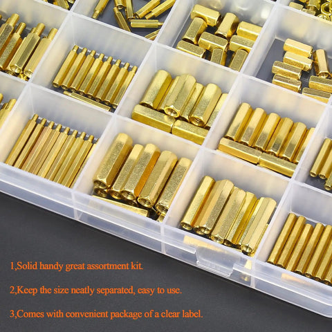 Heavy Duty Brass Spacers Standoffs Set with M2.5 M3 M4 Hex Screws and Nuts Assortment Kit for PC Motherboard Assembly showing gold standoff hardware in organized container.