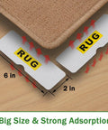 Eight Piece Rug Corner Grippers Set With Double Sided Rug Tape showing size and placement under rug on hardwood floor