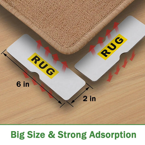 Eight Piece Rug Corner Grippers Set With Double Sided Rug Tape showing size and placement under rug on hardwood floor
