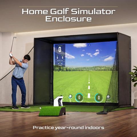 Rock Solid Golf Simulator Enclosure With 10X8 Ft HD Impact Screen And Dual Shank Nets for indoor golf practice setup.
