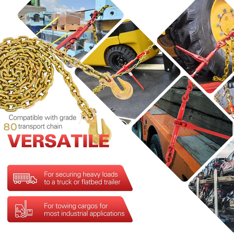 5 16th To 3 8th Inch Ratchet Binder With 10 Ft G80 Chain And G70 Grappling Hook Tie Down Hauling Kit For Flatbed Trailers 5400 Lbs Safe Working Load 19000 Lbs Breaking Strength Beefed Up Heavy Duty Truck Trailer Gear with various uses depicted