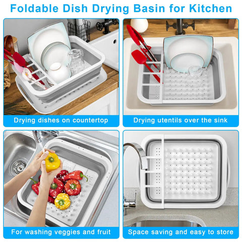 Must Have Collapsible Over Sink Dish Rack With Drainboard in use for drying dishes and organizing utensils above sink