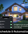LUX Edison WiFi LED Smart Bulb 2700K Soft White app scheduling feature in use, house exterior lighting automation.