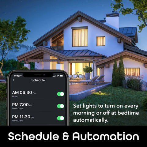 LUX Edison WiFi LED Smart Bulb 2700K Soft White app scheduling feature in use, house exterior lighting automation.