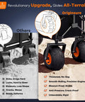 Close-up of all terrain beach wagon with 4 oversized 10 inch balloon tires on sand, showcasing durability and stability features.