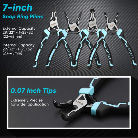 4-Piece Heavy Duty Snap Ring Pliers Set For 7 Inch Internal And External Circlip Pliers With 5/64 Inch Tip shown with pointed tips.