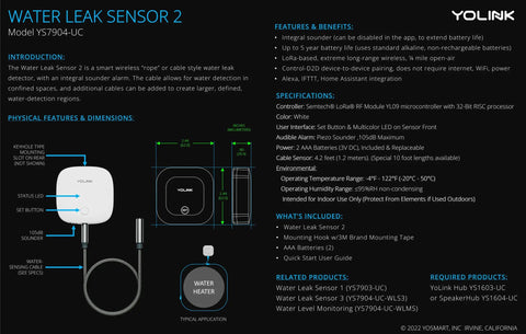 Ultra Long Range Water Leak Sensor With 105dB Siren And Open Air Range For Smart Home No WiFi Needed LoRa Based Detector 4.2 Ft Rope Cable Alexa And IFTTT Compatible Includes Hub 2 Plus Year Battery Life product diagram and specifications in blue and green text on black background, showing sensor box, rope, and connectors.
