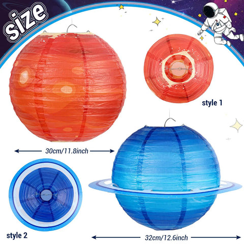 Eight Pack 12 Inch Space Paper Lanterns With Hanging Planets, Two Sizes, Out Of This World Solar System Theme Party Decorations