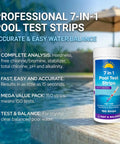 Professional 7 In 1 Pool Test Strips With App 150 Count Extra Long Strips for chlorine, pH, alkalinity, hardness, cyanuric acid.