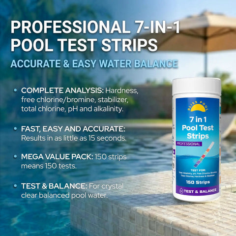 Professional 7 In 1 Pool Test Strips With App 150 Count Extra Long Strips for chlorine, pH, alkalinity, hardness, cyanuric acid.