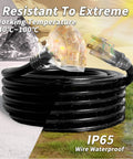 Long 50 Foot 16/3 Outdoor Extension Cord With Three Outlets, Heavy Duty Black Power Cable For Yard Tools And Holiday Lighting, ETL Listed, NEMA 5-15P To 5-15R, Weather Resistant, 1625 Watt, 13 Amp. coiled black outdoor extension cord with plugs and IP65 waterproof label