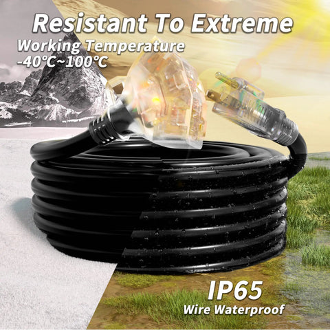 Long 50 Foot 16/3 Outdoor Extension Cord With Three Outlets, Heavy Duty Black Power Cable For Yard Tools And Holiday Lighting, ETL Listed, NEMA 5-15P To 5-15R, Weather Resistant, 1625 Watt, 13 Amp. coiled black outdoor extension cord with plugs and IP65 waterproof label