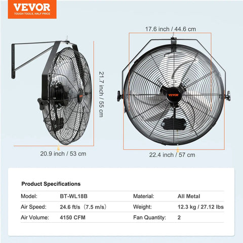 Two Pack 18 Inch Waterproof Wall Mount Fan IP44 Rated Heavy Duty With 3 Speeds High Velocity Up To 4000 CFM Specifications