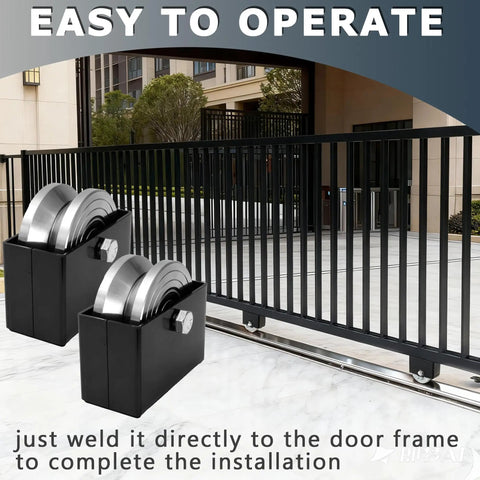4 Inch V Groove Sliding Gate Roller Wheels 2 Pack Featuring Rugged Steel Construction and Welded Mounting Brackets for gate installation.