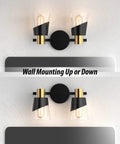 Over Mirror Vanity Light Fixture With Black And Gold Finish 2 Light Wall Lamp 13 Inch Beveled Edge Clear Glass Shades Modern Farmhouse Style For Bathroom E26 Base Compatible Vintage Look, mounted up and down options shown.