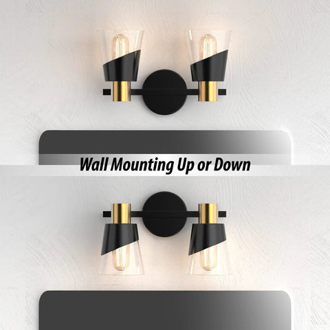 Over Mirror Vanity Light Fixture With Black And Gold Finish 2 Light Wall Lamp 13 Inch Beveled Edge Clear Glass Shades Modern Farmhouse Style For Bathroom E26 Base Compatible Vintage Look, mounted up and down options shown.